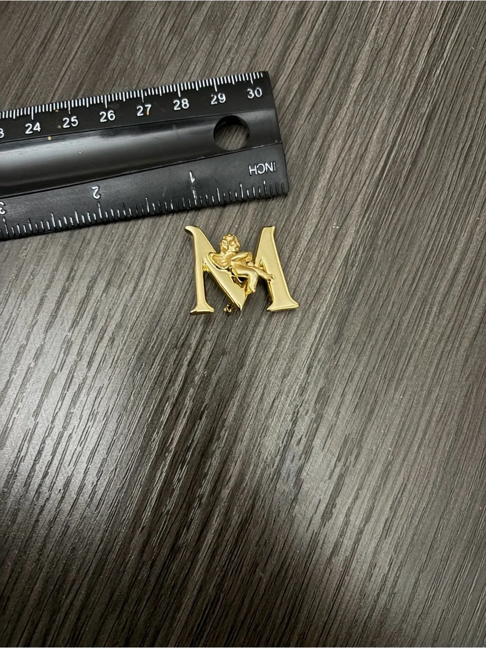 Vintage Gold Letter M Pin with Cherub Accent - Men's Accessory